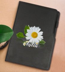 BK Gift Kişiye Özel Papatya Temalı Siyah Termo Deri Not Defteri 15x21cm-4