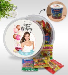 Kişiye Özel İsimli Fotoğraflı Doğum Günü Tasarımlı Dev Boy Haribo Minis Kovası (10gx100adet) Model 22