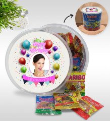 Kişiye Özel İsimli Fotoğraflı Doğum Günü Tasarımlı Dev Boy Haribo Minis Kovası (10gx100adet) Model 25