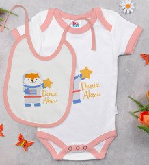 BK Kids Kişiye Özel Sevimli Astronot Tasarımlı Pembe Bebek Body Zıbın ve Mama Önlüğü Hediye Seti-3