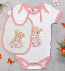 BK Kids Kişiye Özel İsimli Pembe Bebek Body Zıbın ve Mama Önlüğü Hediye Seti-6