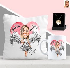 Kişiye Özel Benim Annem Bir Melek Karikatürlü Yastık Kupa ve Melek Kanadı Kolye Seti-1