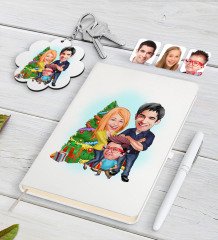 Kişiye Özel Yeni Yıl Aile Karikatürlü Beyaz Defter Kalem ve Anahtarlık Hediye Seti-3