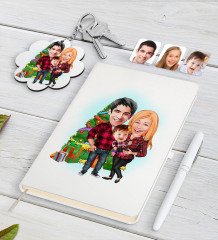 Kişiye Özel Yeni Yıl Aile Karikatürlü Beyaz Defter Kalem ve Anahtarlık Hediye Seti-4