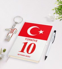 Kişiye Özel Kırmızı-Beyaz Tasarımlı İsimli Defter kalem ve Formalı Metal Anahtarlık Model 2
