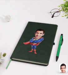 Kişiye Özel Süper Baba Karikatürlü Yeşil Termo Deri Defter Kalem Seti Model 1