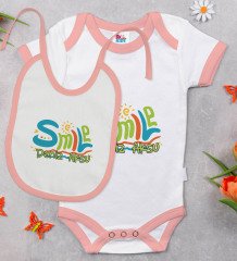 BK Kids Kişiye Özel Smile Tasarımlı Pembe Bebek Body Zıbın ve Mama Önlüğü Hediye Seti-1